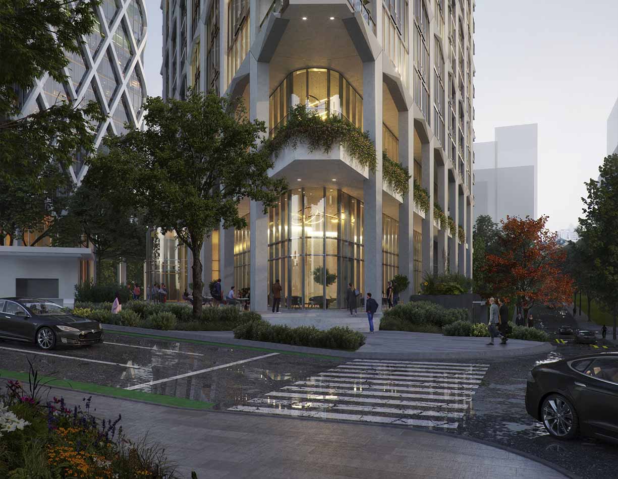 ©EDSA | Peabody & 2nd | Dramatic street level exterior view