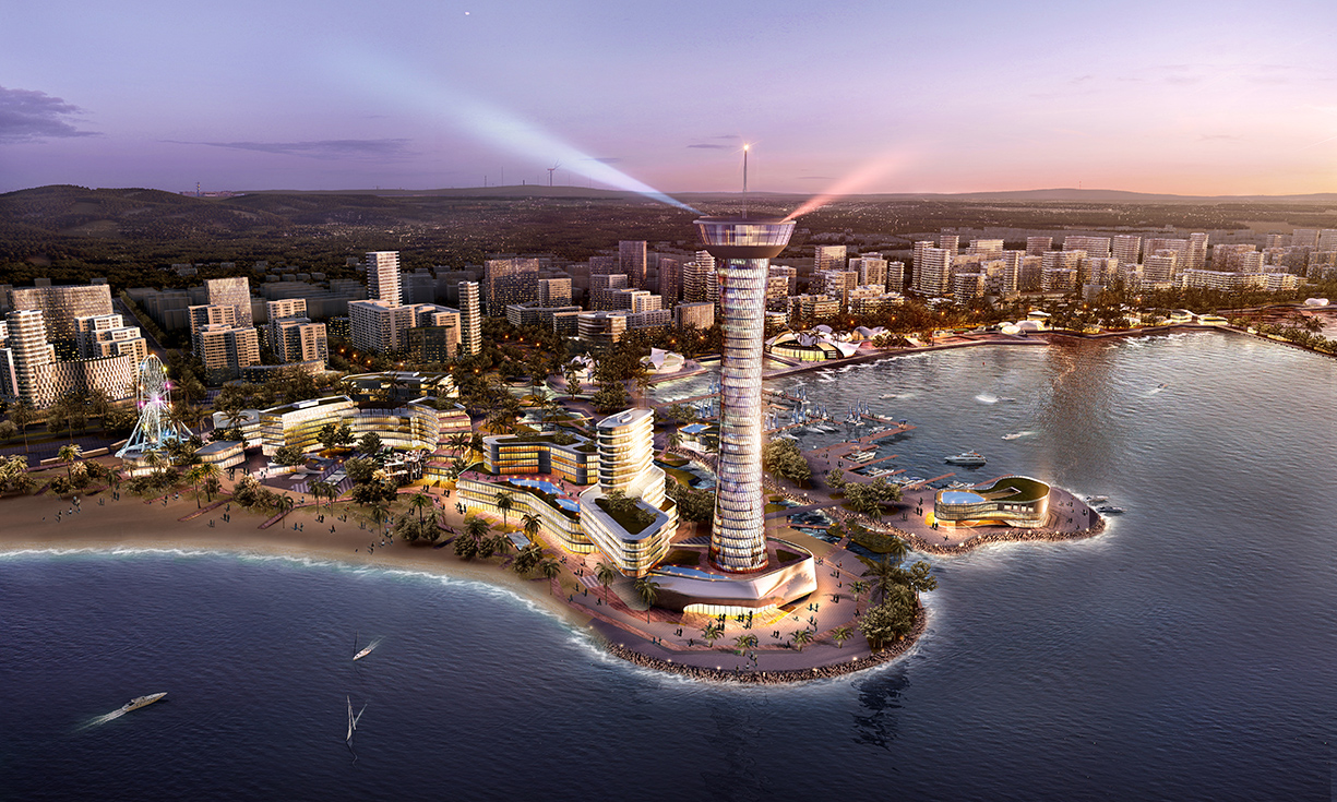 ©EDSA | Shanwei Waterfront | Nighttime Waterfront Aerial View with Lighthouse