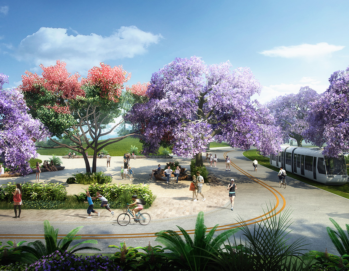 ©EDSA | Shanwei Waterfront | Pathway and Tram with Purple and Red Trees