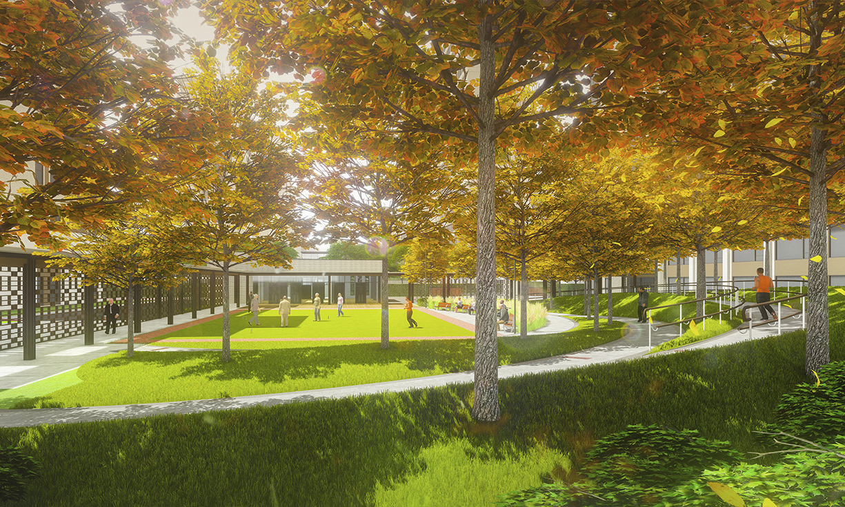 ©EDSA | Shenyuan Senior Living | Green and Golden Trees in Park with People