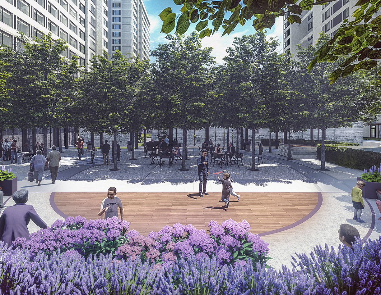©EDSA | Shenyuan Senior Living | Purple Flowers In Front of Half Circle Decking with Trees Behind