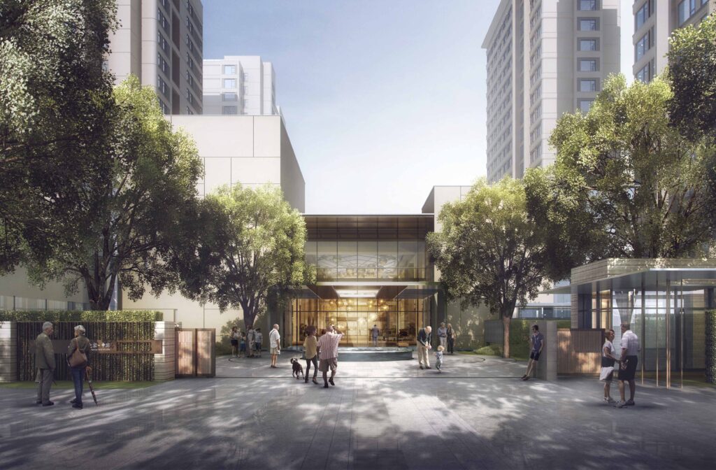 ©EDSA | Shenyuan Senior Living | Building Entrance, Trees and People