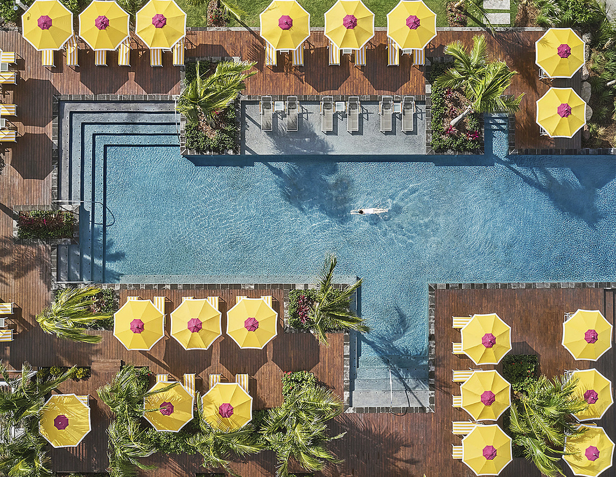 ©EDSA | Four Seasons Nevis | Aerial view of pool and decking area